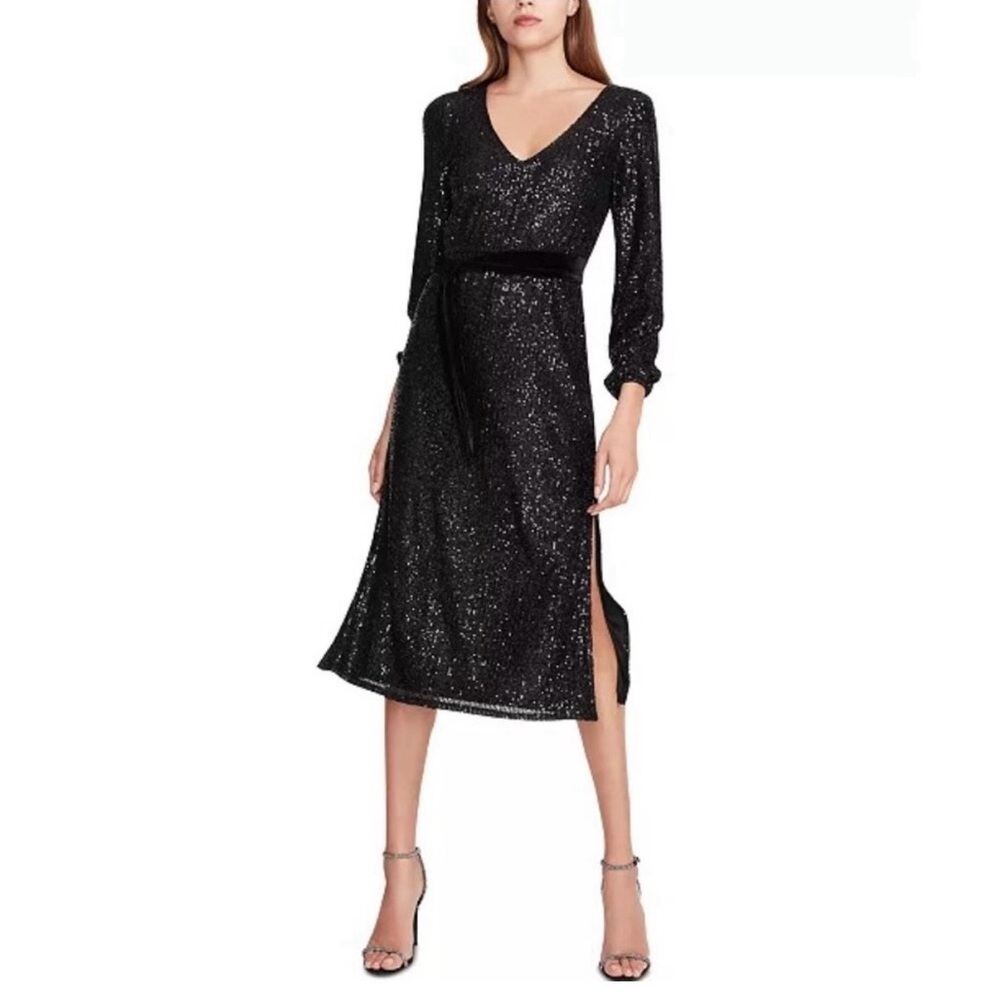 Betsey Johnson‎ Sequin Double Slit V-Neck Long Sleeve Midi Dress Black Size M